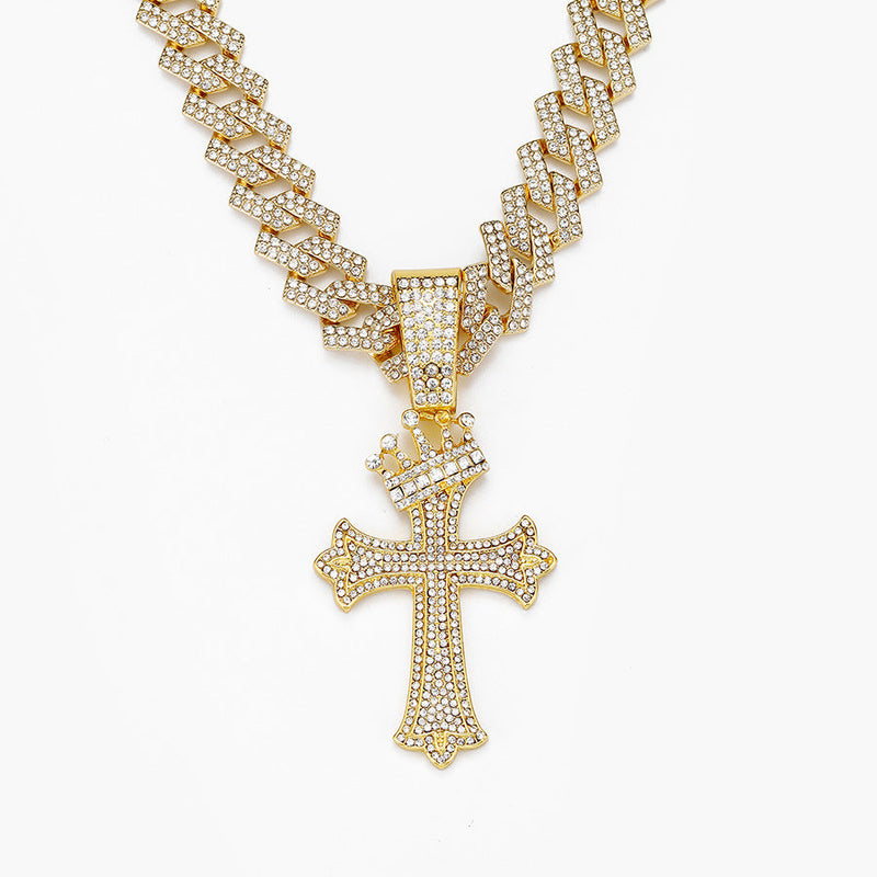 Iced Out Crown Cross Pendant Cuban Link Chain Necklace for Men, Hip Hop Bling Diamond CZ Necklace, Gold Silver Rapper Jewelry
