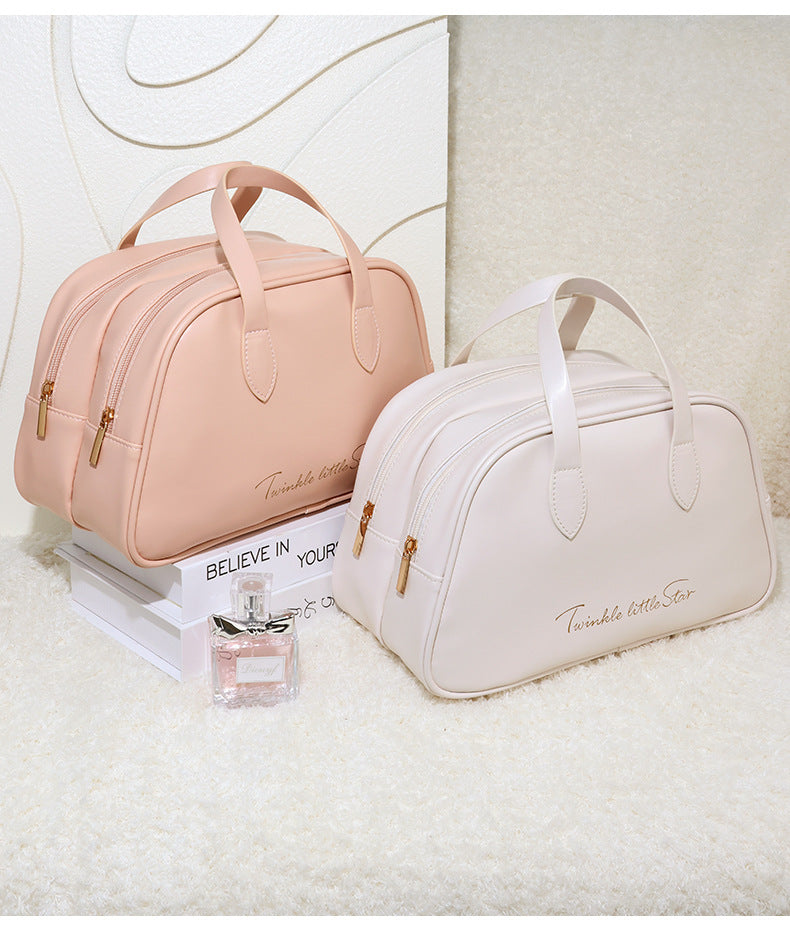New Double-layer Portable Storage Fashionable PU Storage Bag with Hand Enhanced Appearance for Grooming and Storage