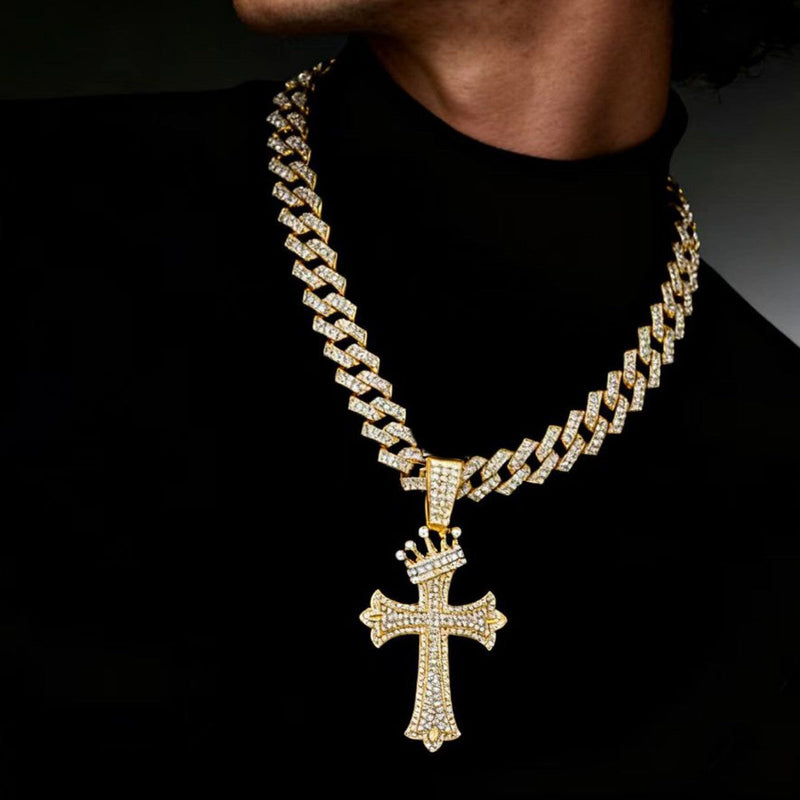 Iced Out Crown Cross Pendant Cuban Link Chain Necklace for Men, Hip Hop Bling Diamond CZ Necklace, Gold Silver Rapper Jewelry