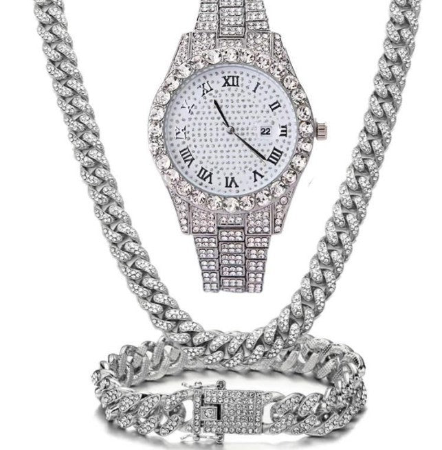 Fashion Square Rhinestone Full Diamond Roman Numeral Dial Quartz Watch Set 3pcs/set
