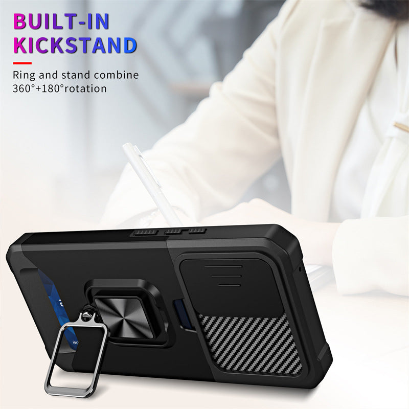 Slide Camera Card Slot Armor Phone Case for Samsung Galaxy S26 Magnetic Ring Stand Back Cover