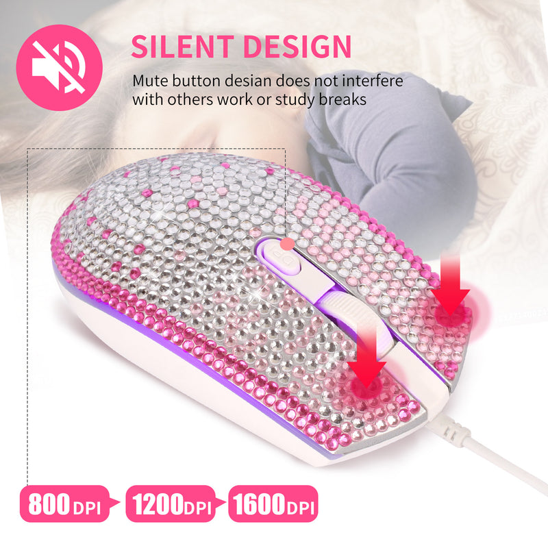 Bling Pink-White Gradient Full Rhinestone RGB Backlit Wired Mouse