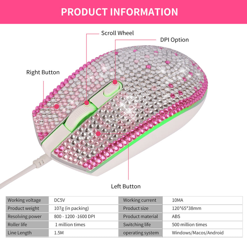 Bling Pink-White Gradient Full Rhinestone RGB Backlit Wired Mouse