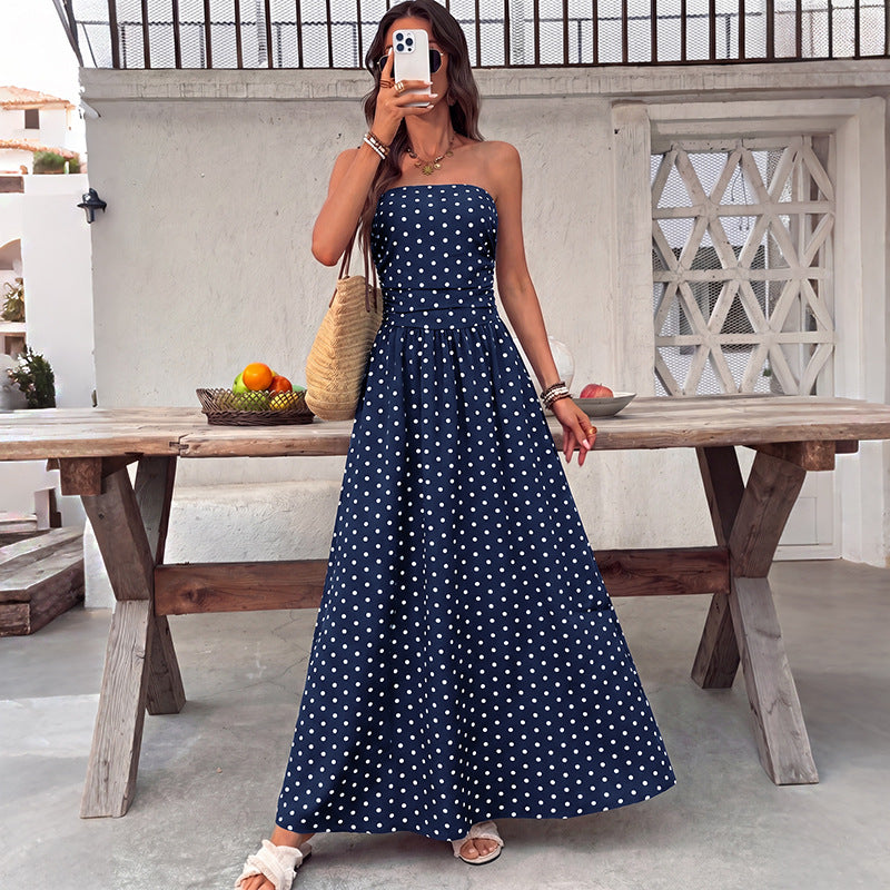 Woman Fashion Summer Dress Blue with white dots