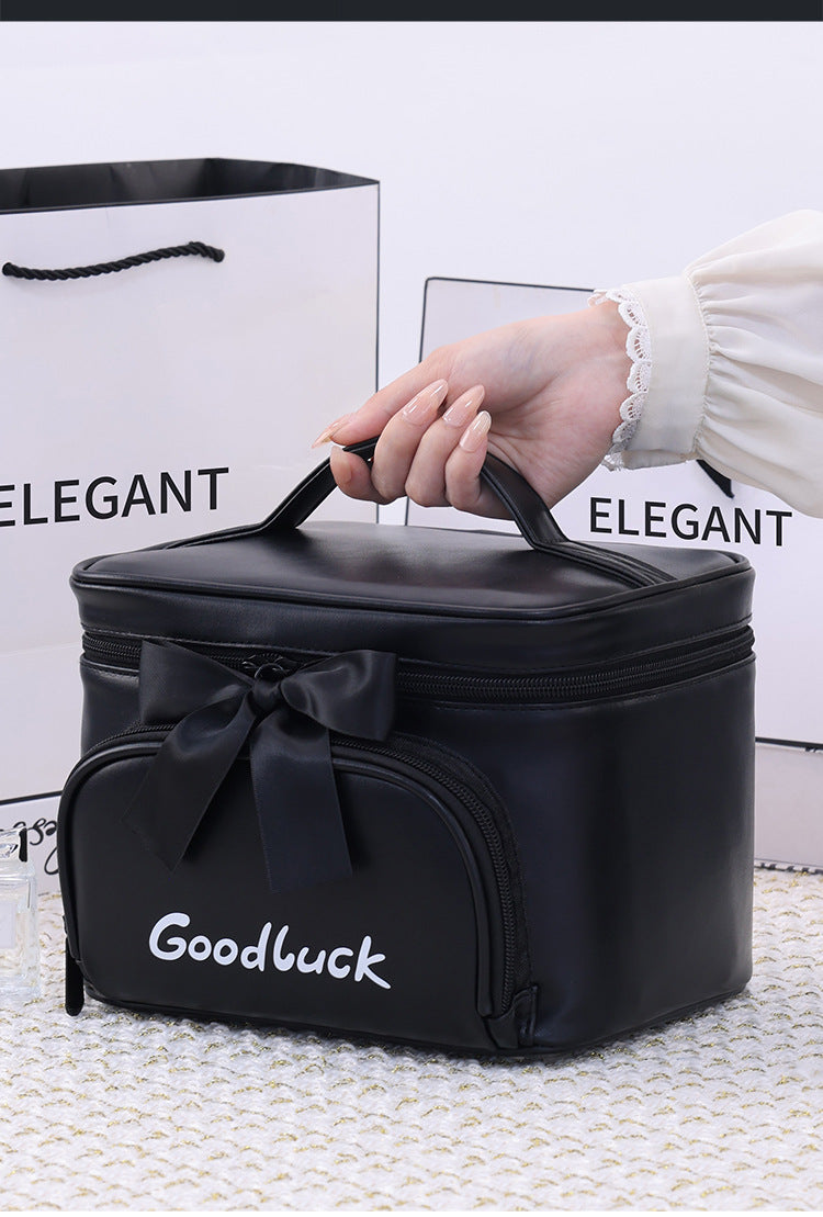High-quality Eco-Friendly Portable Bow Decor PU Zipper Waterproof Large Capacity Hand-Held Makeup Bag