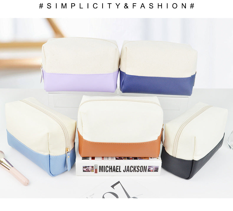 Canvas Two-Tone Cosmetic Bag, Large Capacity Zipper Toiletry Pouch, Portable Travel Makeup Organizer for Woman
