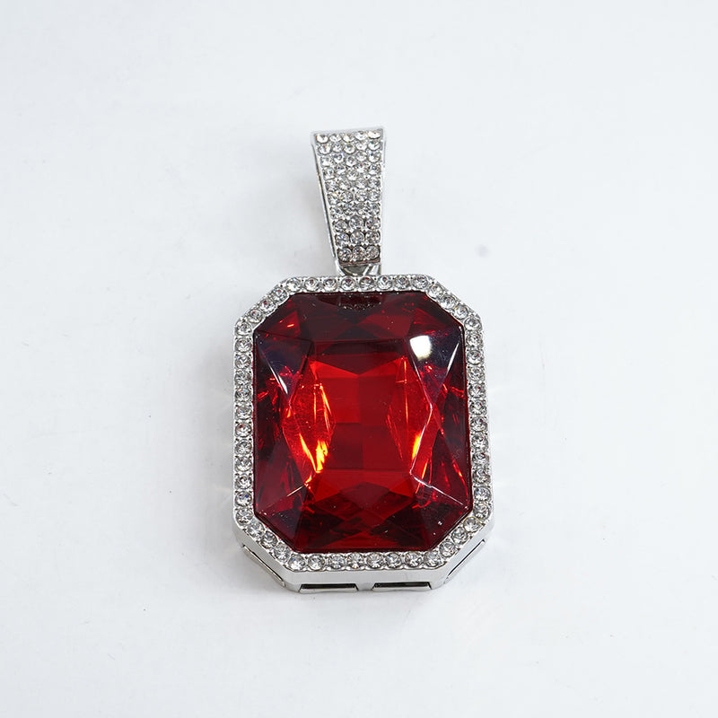 Iced Out Big Gemstone Pendant Cuban Link Chain Necklace for Men, Hip Hop Bling CZ Diamond Necklace, Gold Silver Rapper Jewelry