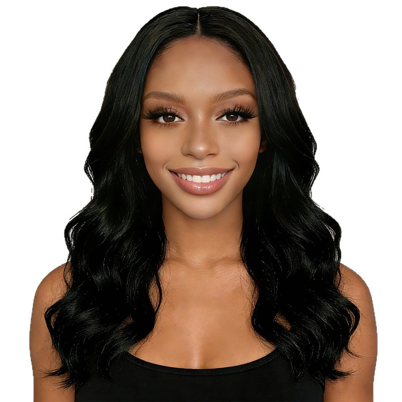 Wave shaped synthetic heat-resistant wig with bangs