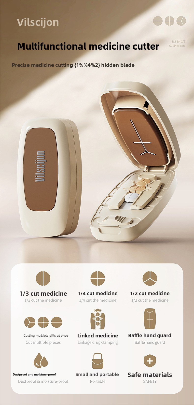 Multi functional medicine cutter, 1/4/2/3 medicine cutter, tablet and pill divider, portable dispensing box