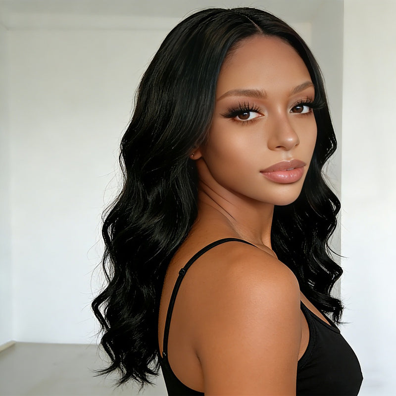 Wave shaped synthetic heat-resistant wig with bangs