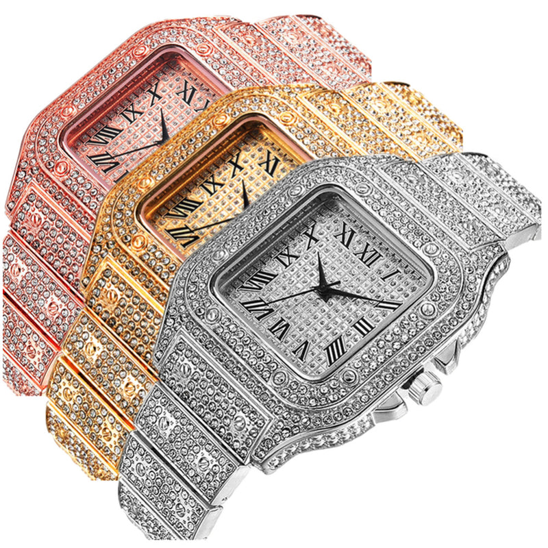 Fashion Square Rhinestone Full Diamond Roman Numeral Dial Quartz Watch Set 3pcs/set
