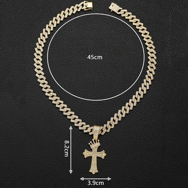 Iced Out Crown Cross Pendant Cuban Link Chain Necklace for Men, Hip Hop Bling Diamond CZ Necklace, Gold Silver Rapper Jewelry