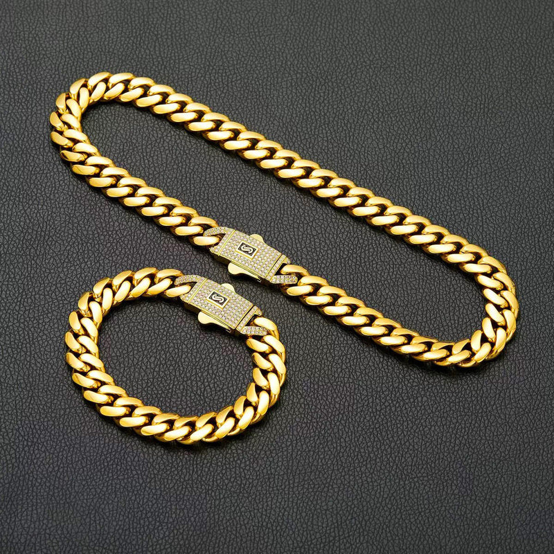 Luxury Iced Out Cuban Link Chain Set, Gold Plated CZ Diamond Necklace and Bracelet, Hip Hop Streetwear Jewelry Gift