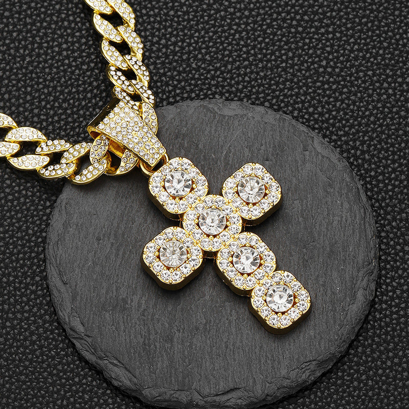 European & American Hip-hop Full Diamond Inlaid Cross Pendant Cuban Choker Necklace