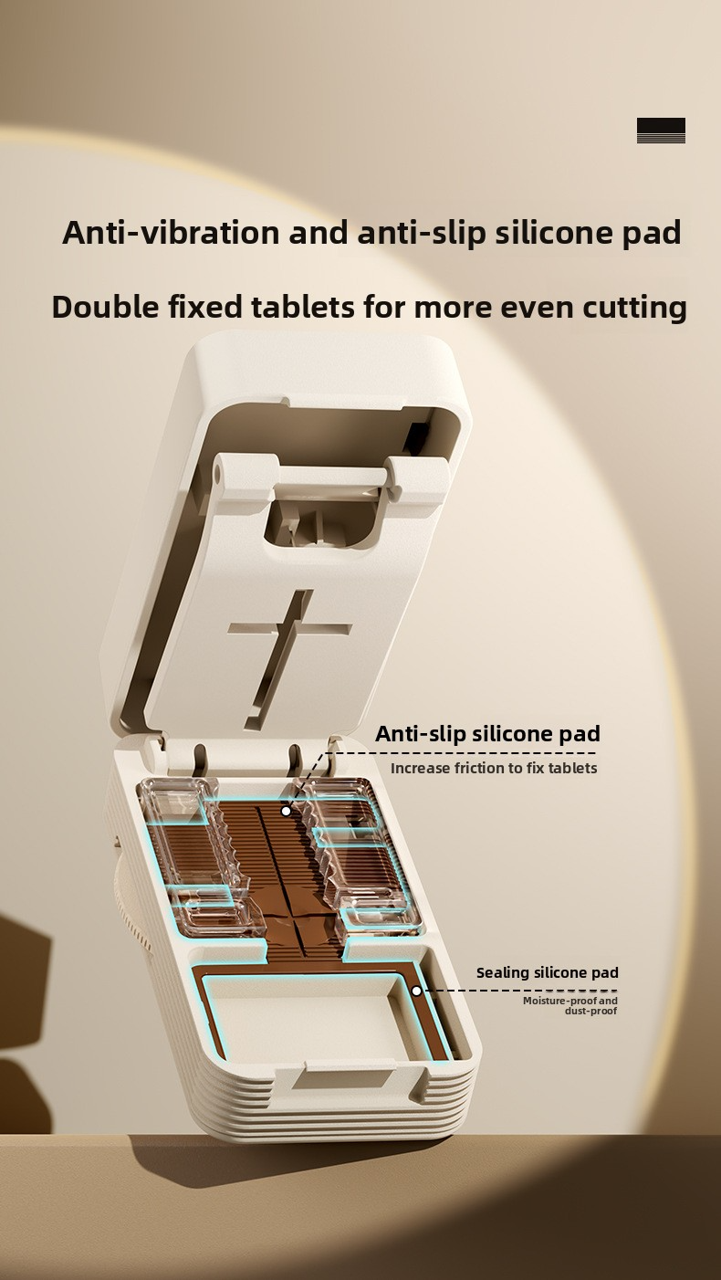 Quarter cut medicine dispenser accurately divides everything into two pills and a portable storage box