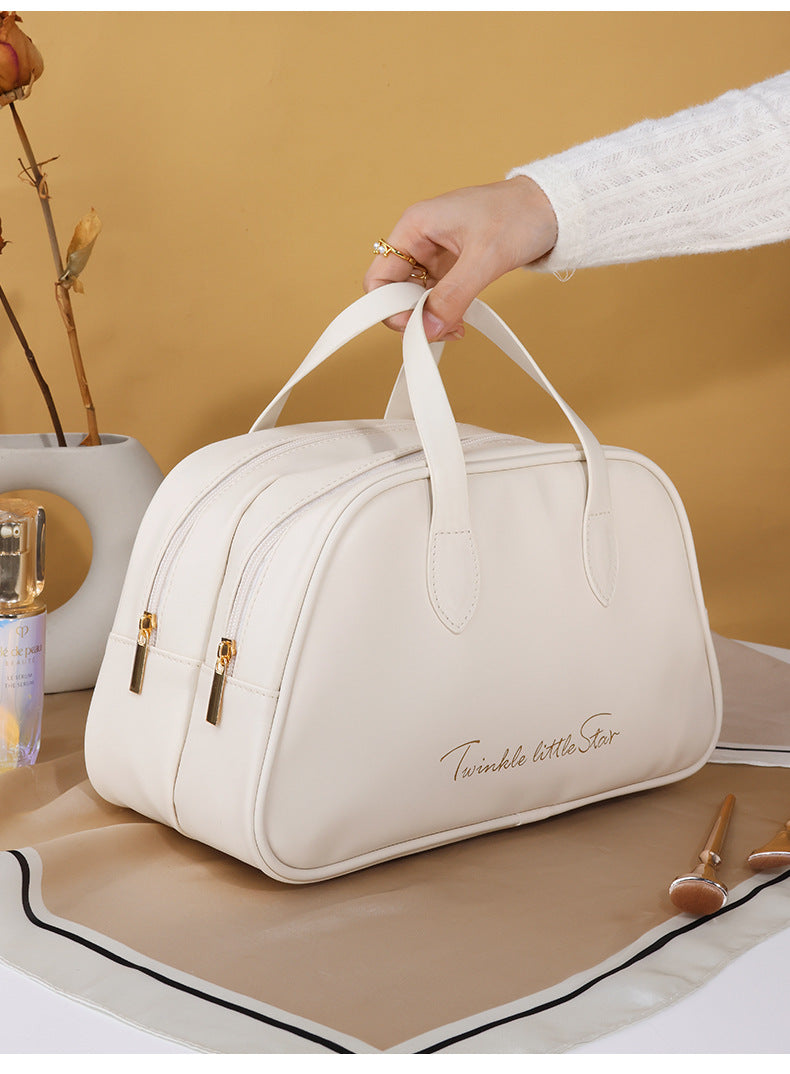 New Double-layer Portable Storage Fashionable PU Storage Bag with Hand Enhanced Appearance for Grooming and Storage