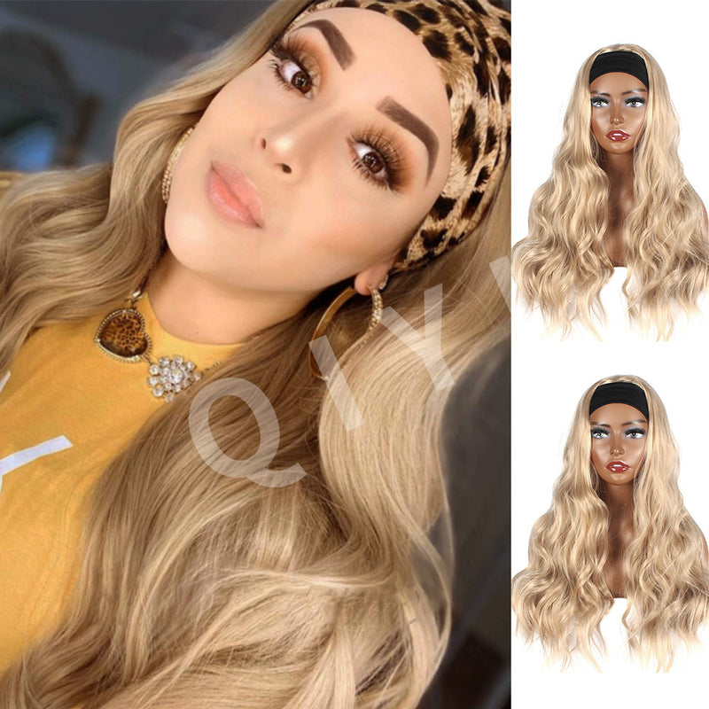 Headband Wig for Black Woman, Long Wavy Ash Blonde Synthetic Hair, Natural Looking Heat Resistant Wig for Daily Wear & Party