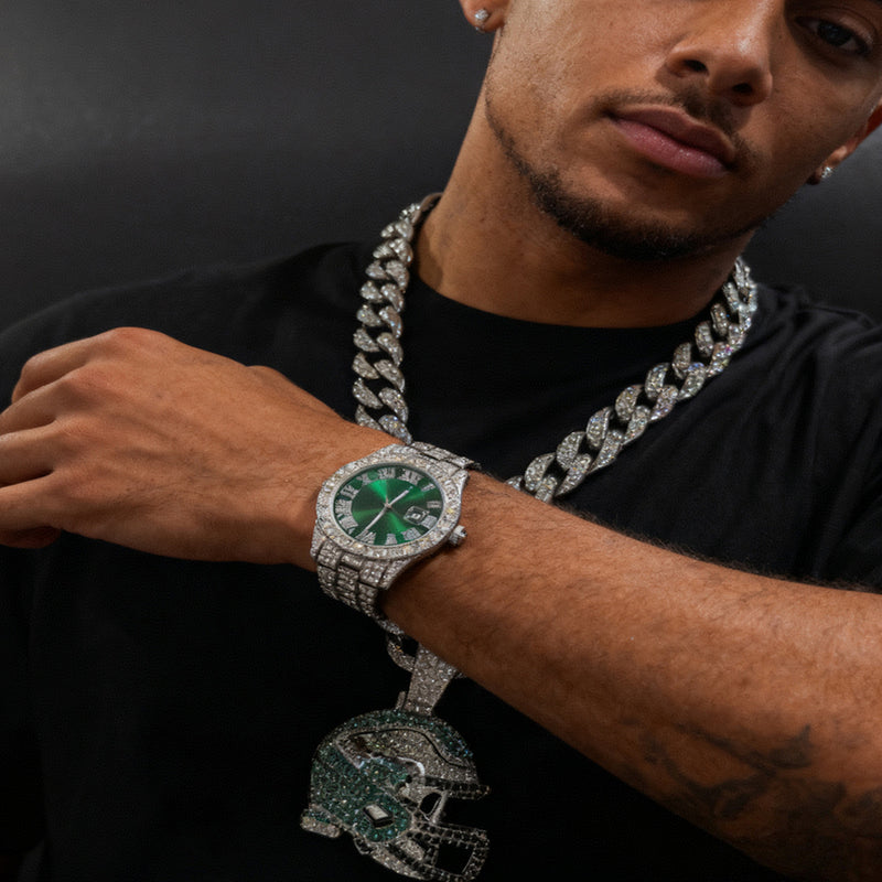 Philadelphia Eagles Helmet Iced Out Cuban Link Chain Necklace, Hip Hop Bling Pendant for Men, Sports Fan Jewelry