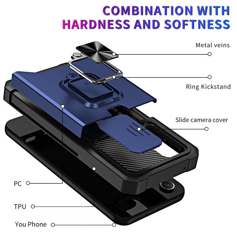 Slide Camera Card Slot Armor Phone Case for Samsung Galaxy S25 Plus Magnetic Ring Stand Back Cover