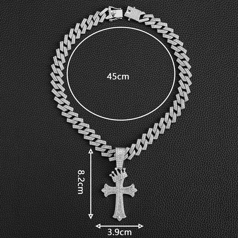 Iced Out Crown Cross Pendant Cuban Link Chain Necklace for Men, Hip Hop Bling Diamond CZ Necklace, Gold Silver Rapper Jewelry