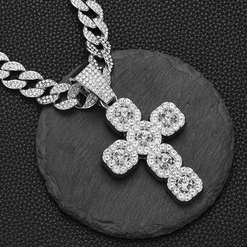 European & American Hip-hop Full Diamond Inlaid Cross Pendant Cuban Choker Necklace