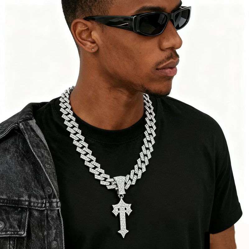 Iced Out Crown Cross Pendant Cuban Link Chain Necklace for Men, Hip Hop Bling Diamond CZ Necklace, Gold Silver Rapper Jewelry