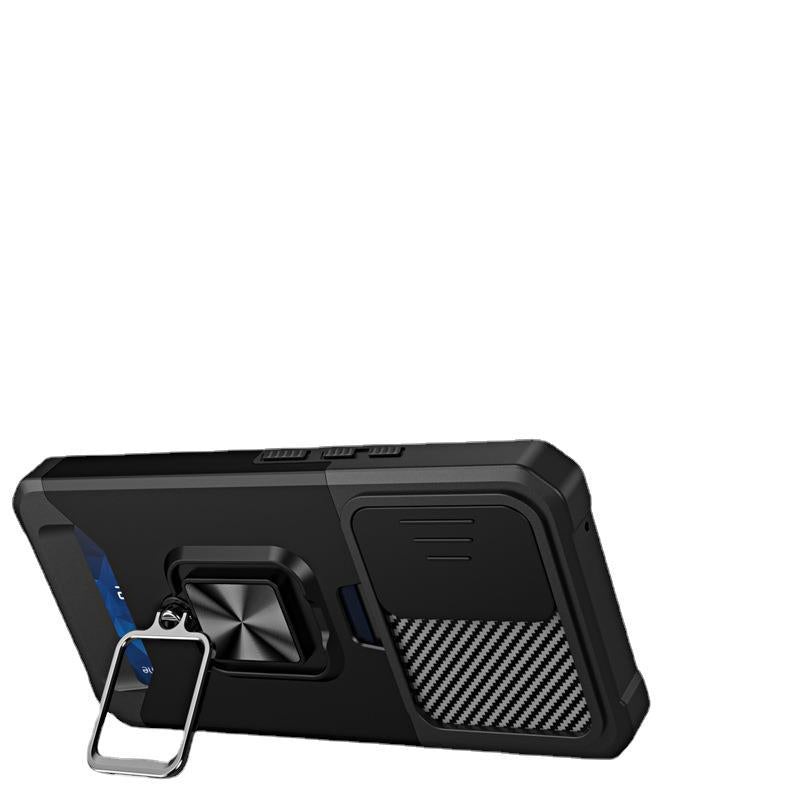 Slide Camera Card Slot Armor Phone Case for Samsung Galaxy S25 Magnetic Ring Stand Back Cover