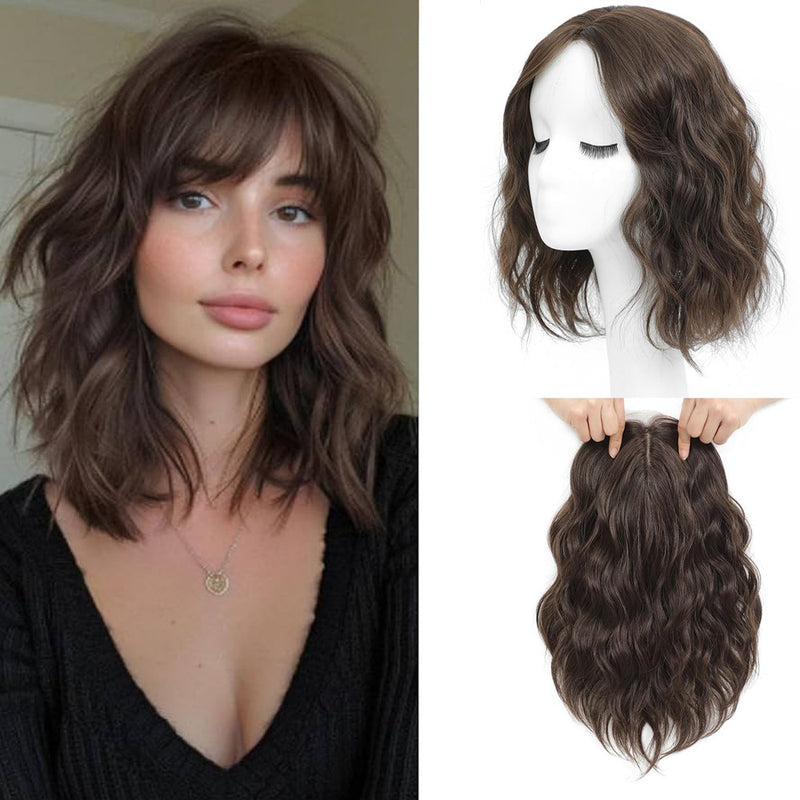 Wave shaped synthetic heat-resistant wig with bangs