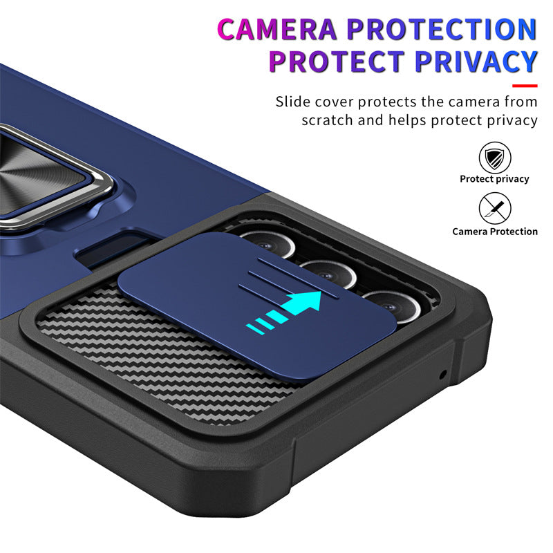 Slide Camera Card Slot Armor Phone Case for Samsung Galaxy S25 Plus Magnetic Ring Stand Back Cover