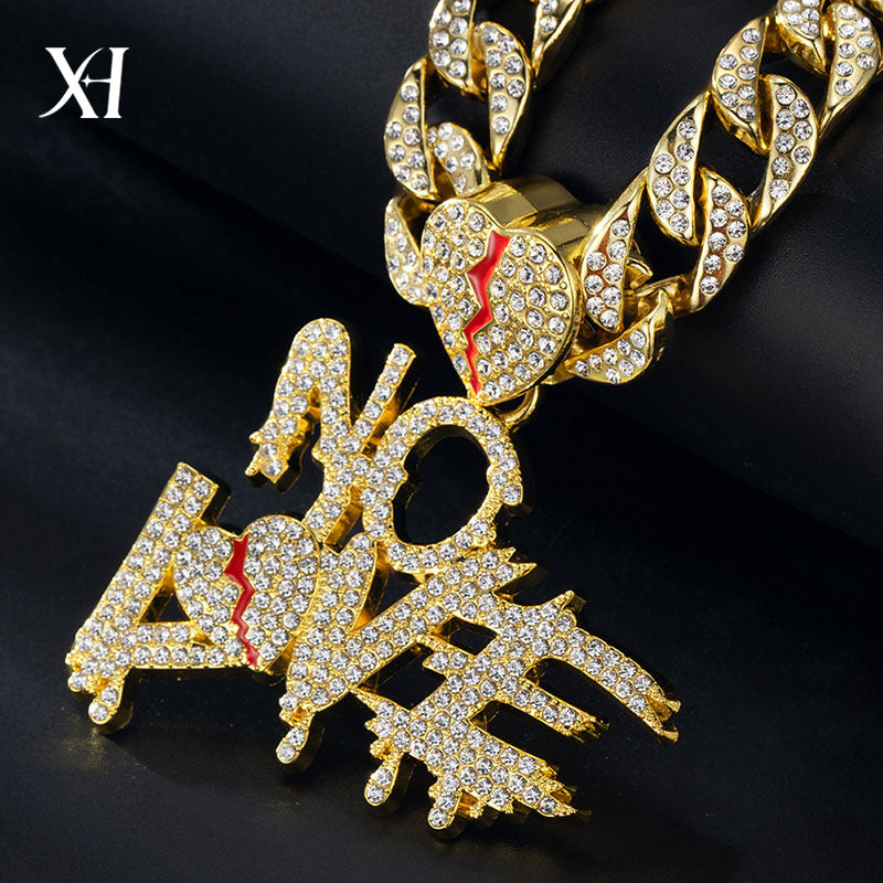 Hip-hop Full Diamond Cuban Chain Letter Heart Pendant Hiphop Street Culture Trendy Male Necklace