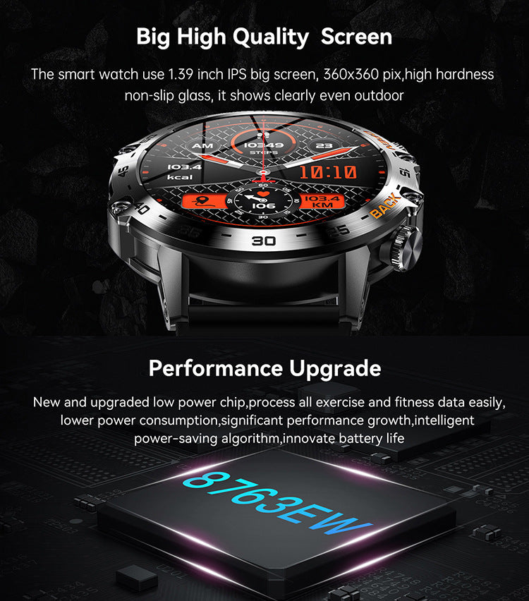 Outdoor Tactical Smartwatch, 1.39" IPS Screen, 120+ Sports Modes, Health Monitoring, Bluetooth Call, Fitness Tracker for Men