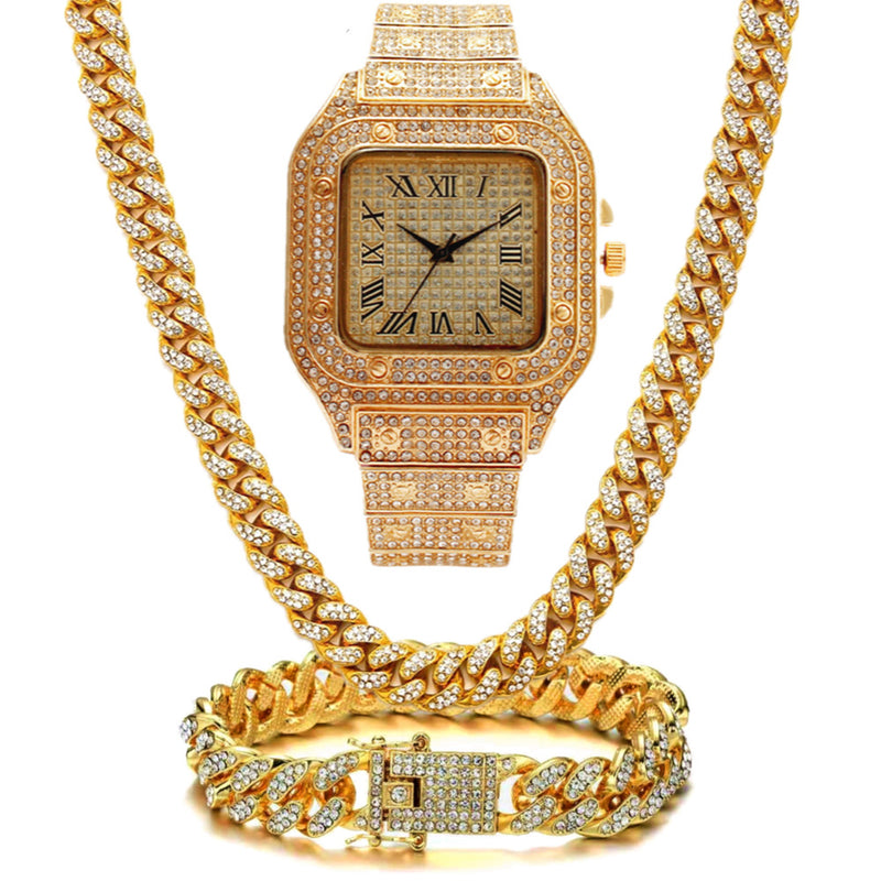 Fashion Square Rhinestone Full Diamond Roman Numeral Dial Quartz Watch Set 3pcs/set