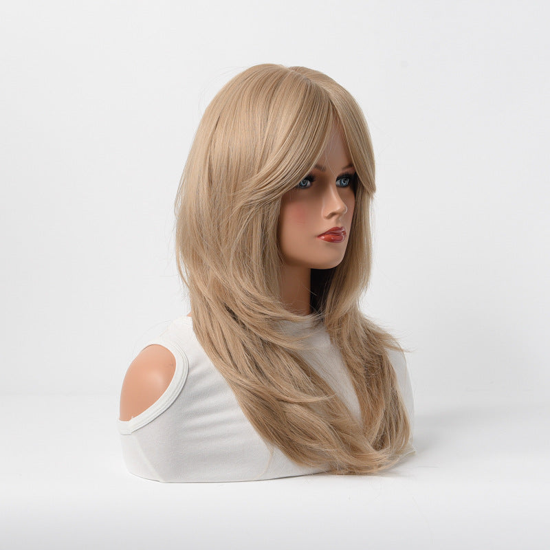 Womans Long Layered Ash Blonde Wig with Bangs, Heat Resistant Synthetic Hair, Natural Looking Wig for Daily Wear & Party