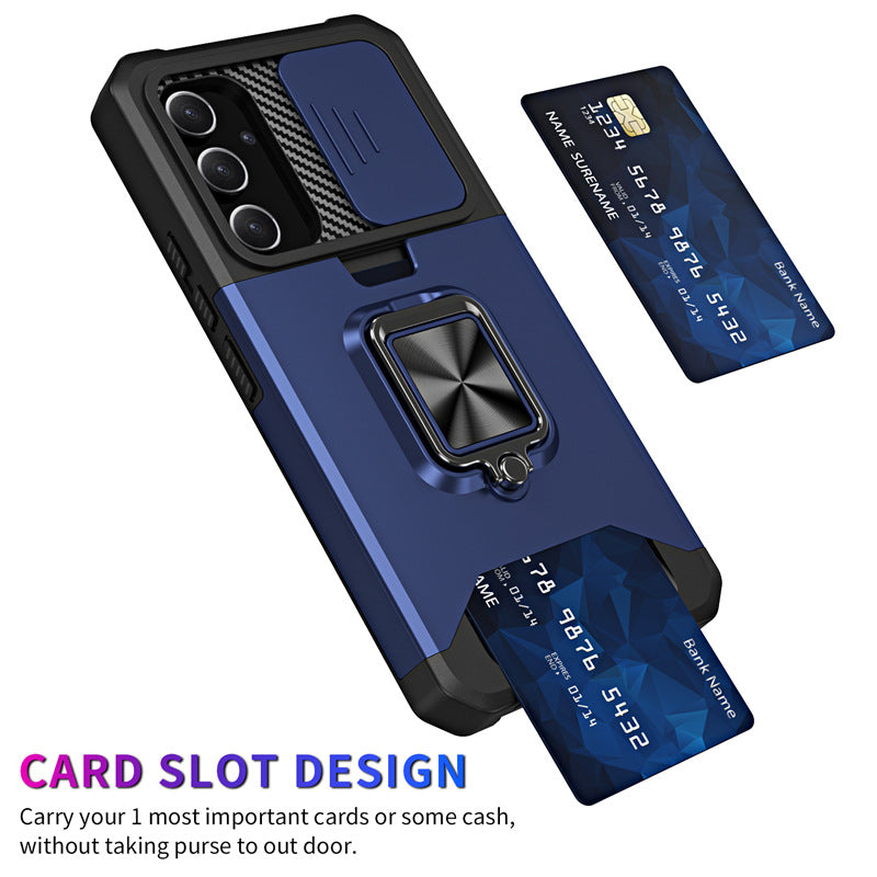 Slide Camera Card Slot Armor Phone Case for Samsung Galaxy S25 Magnetic Ring Stand Back Cover