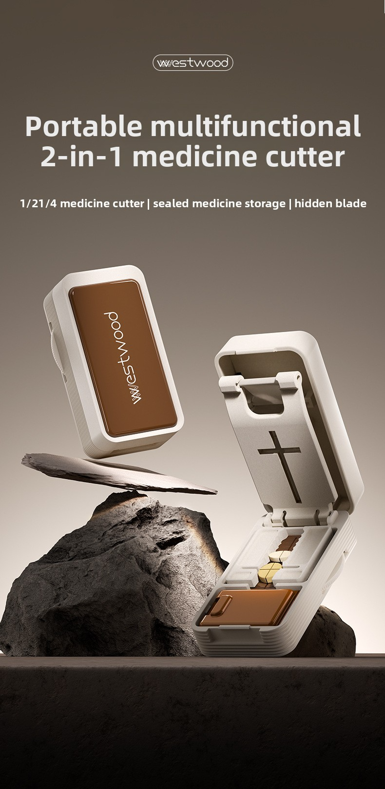 Quarter cut medicine dispenser accurately divides everything into two pills and a portable storage box
