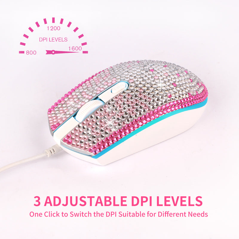 Bling Pink-White Gradient Full Rhinestone RGB Backlit Wired Mouse