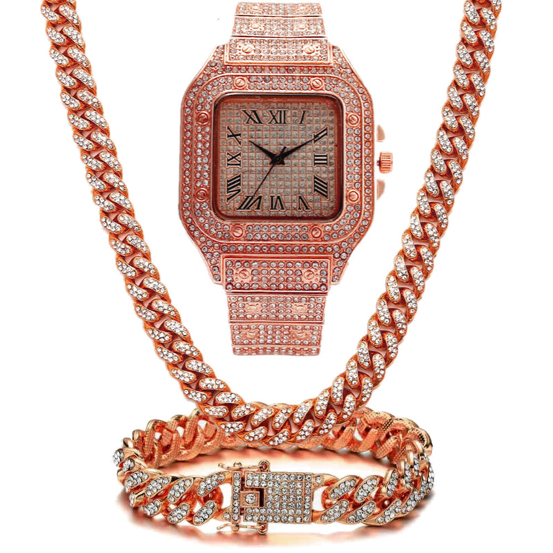 Fashion Square Rhinestone Full Diamond Roman Numeral Dial Quartz Watch Set 3pcs/set