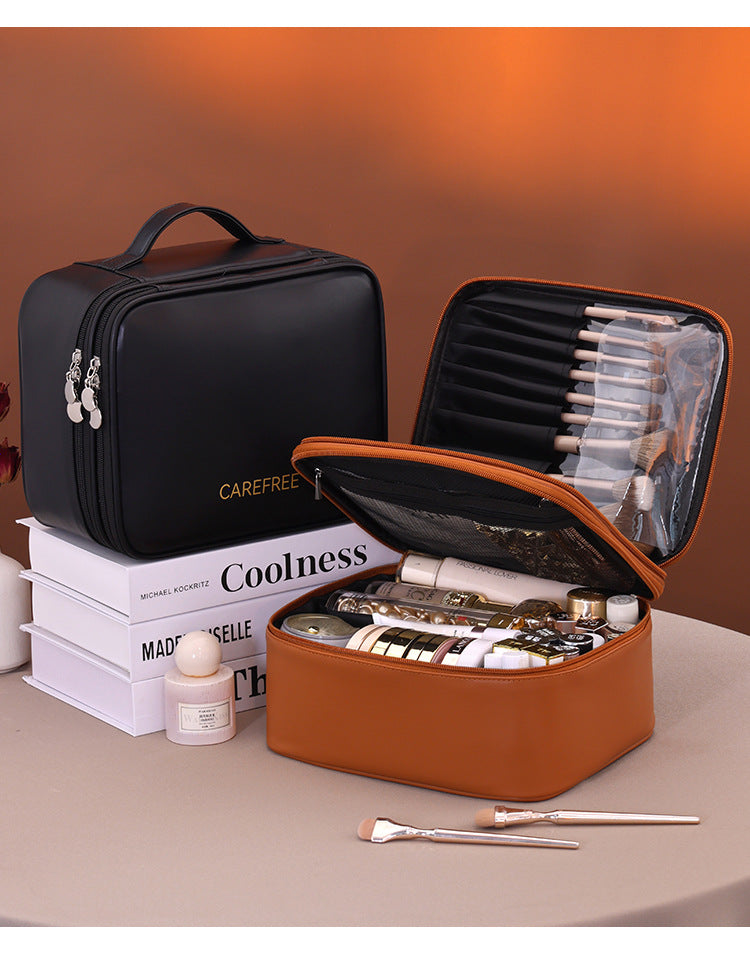 New Double Layer Makeup Bag - 4 Compartment Travel Cosmetic Organizer, Portable Toiletry Case & Multi-Function Vanity Tray