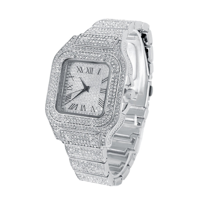 Fashion Luxury Hip-Hop Square Roman Diamond-Plated Stainless Steel Quartz Watch + Oval Hip-Hop Diamond-Plated Bracelet