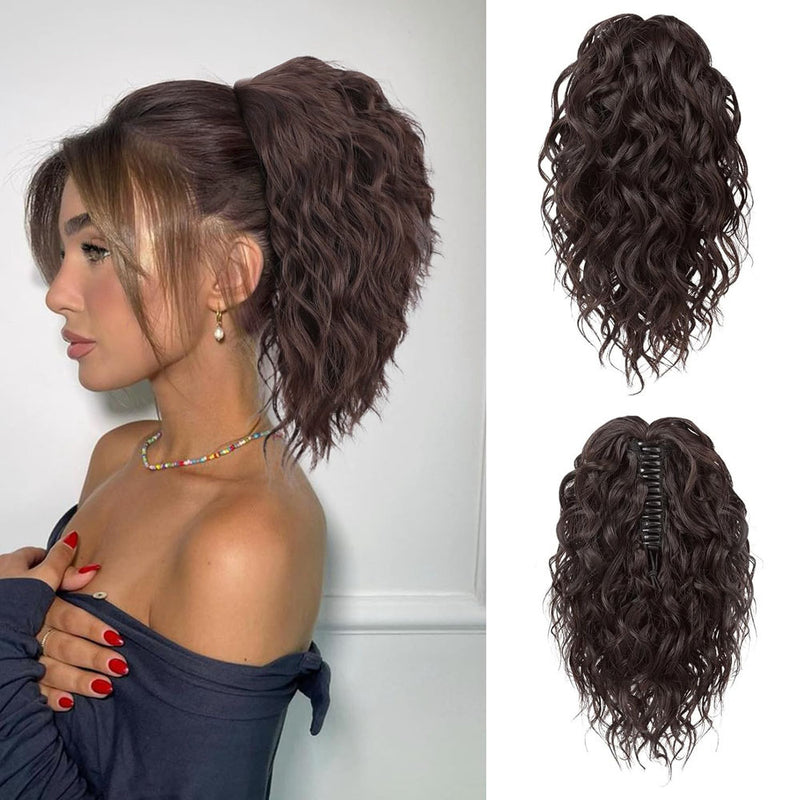 Wave shaped synthetic heat-resistant wig with bangs -  12 inches