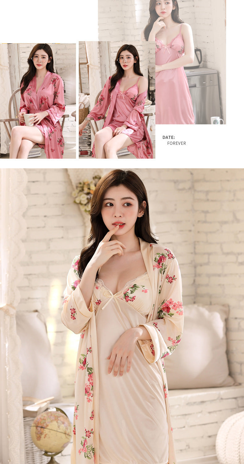 Woman Ice Silk Sleepwear Two-Piece Set with Straps, Underwire, and Bust Pads