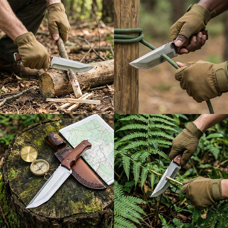 Full Tang Fixed Blade Hunting Knife with Leather Sheath, 5.12in Sharp Blade Survival Knife for Camping, Bushcraft, Outdoor