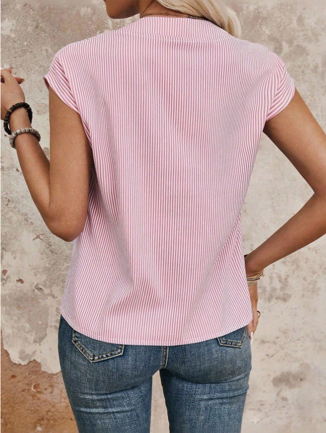 Summer new button up short sleeved shirt with a casual stripe top and a collar