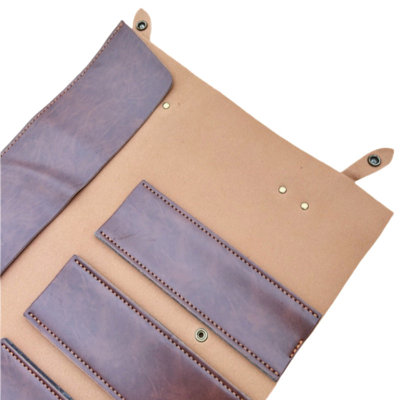 Genuine Leather 5-Slot Knife Roll Storage Pouch, Portable Chef Knife Bag with Handle, Tool Roll for Chefs, Culinary Students