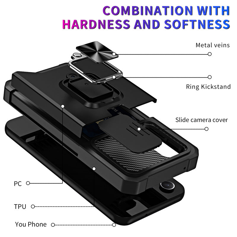 Slide Camera Card Slot Armor Phone Case for Samsung Galaxy S26 Magnetic Ring Stand Back Cover