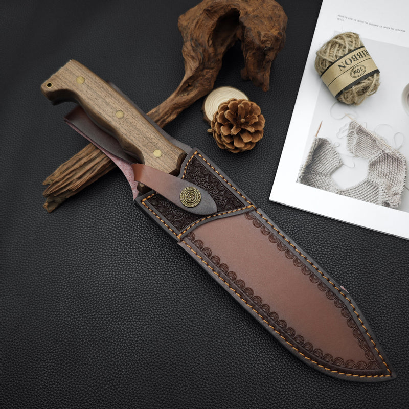 Handmade 9Cr18Mov Steel Hunting Knife with Leather Sheath, Full Tang Survival Bowie Knife for Camping, Outdoor, EDC