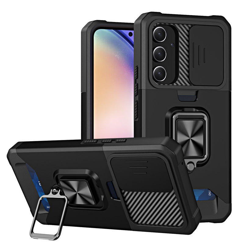 Slide Camera Card Slot Armor Phone Case for Samsung Galaxy S26 Plus Magnetic Ring Stand Back Cover