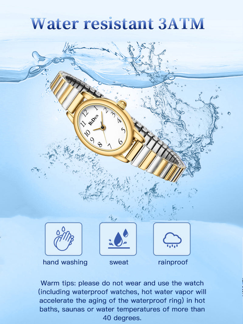 Biden Gold Womans Wrist Watch, 3ATM Waterproof Elastic Band Analog Quartz Watch for Ladies