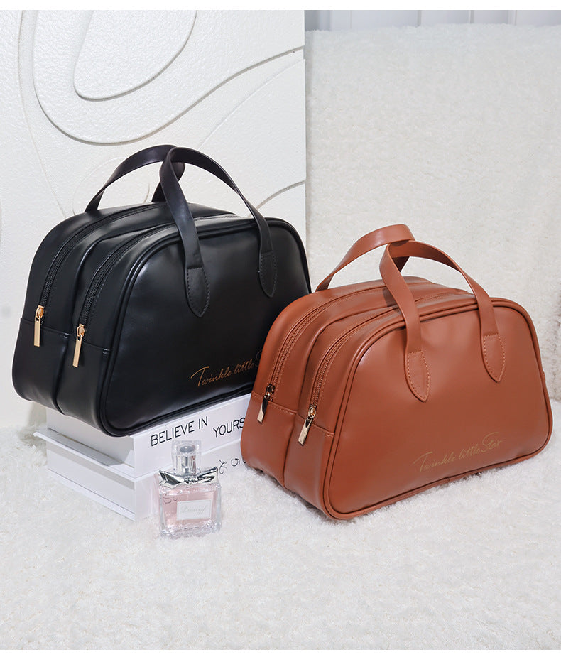 New Double-layer Portable Storage Fashionable PU Storage Bag with Hand Enhanced Appearance for Grooming and Storage