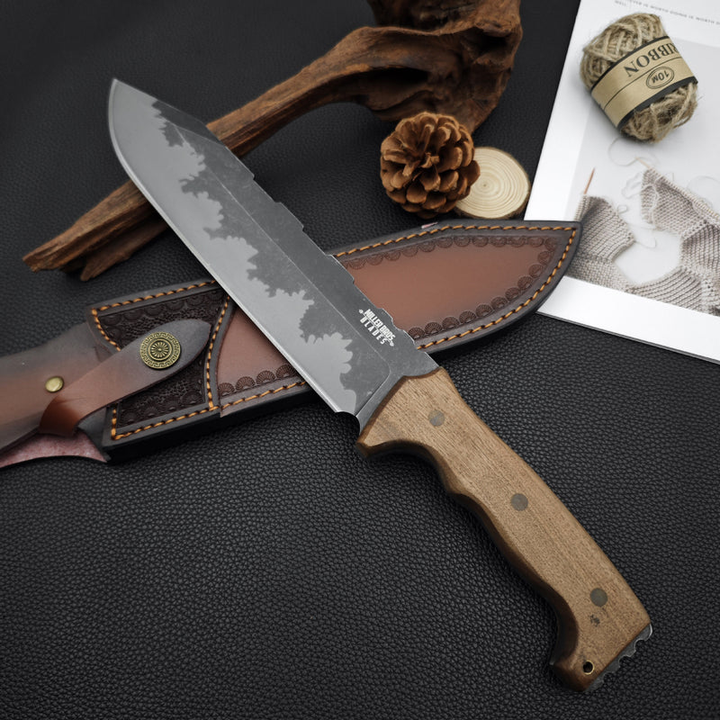 Handmade 9Cr18Mov Steel Hunting Knife with Leather Sheath, Full Tang Survival Bowie Knife for Camping, Outdoor, EDC